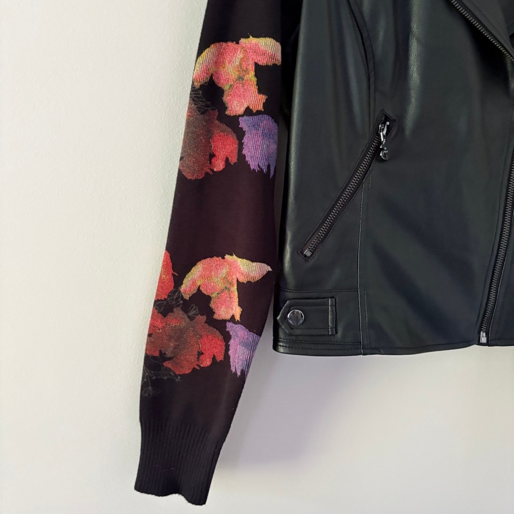 Desigual Moto Jacket 42 Black Floral Knit Sleeve Mixed Media Biker - Picture 7 of 16